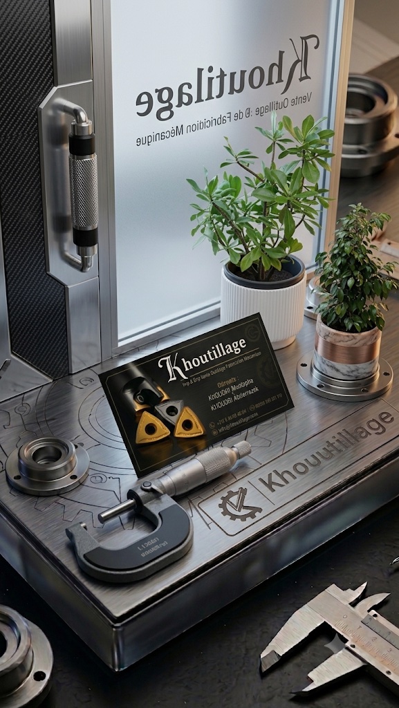 Établi Khoutillage avec micromètre, plantes et carte de visite